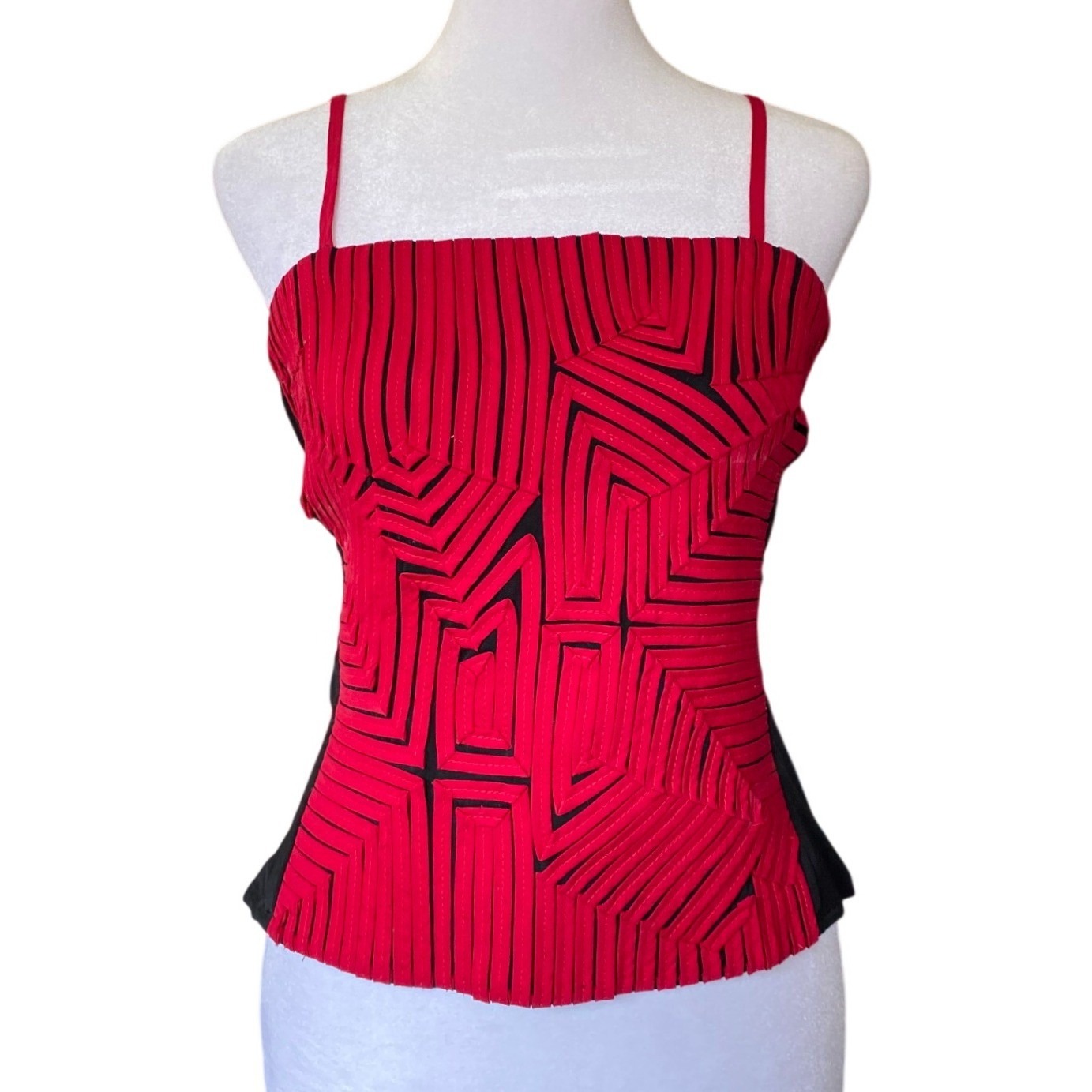 Vintage 1990s Andrea Rosati Abstract Red Cami Corset Top 10 Glam Silky Mesh Y2k